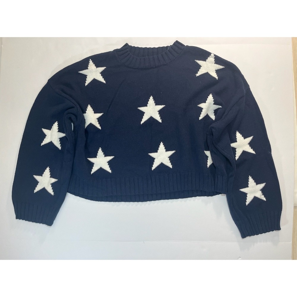 Moon‎ & Madison Navy Blue Star Print Cropped Sweater L Americana Comfy Celestial